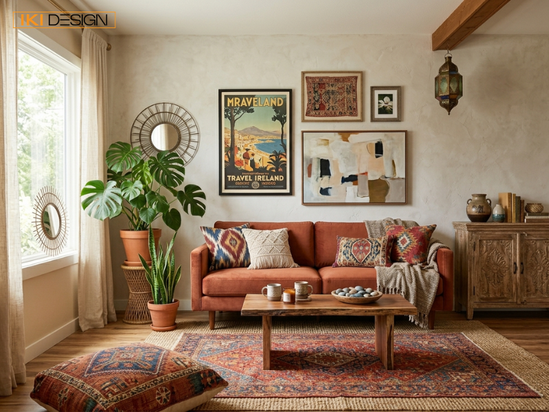IKI Design kiến tạo phòng khách Bohemian với gallery wall ấn tượng, mang lại vẻ đẹp tự do và tràn đầy cảm hứng