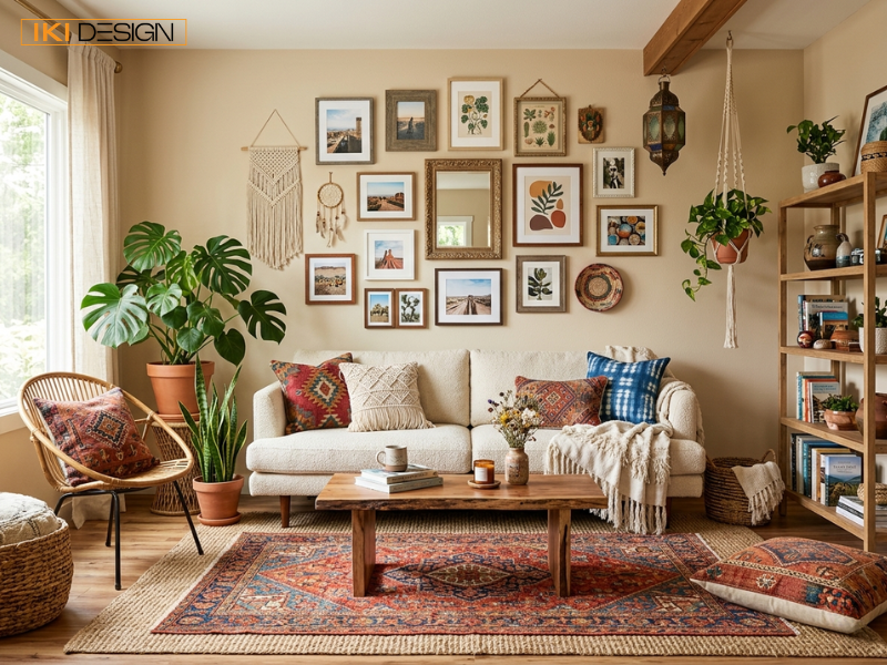 Phòng khách Bohemian do IKI DESIGN thiết kế, ấm cúng với gallery wall ấn tượng và thảm thổ cẩm mang lại vẻ đẹp tự do, đầy cảm hứng