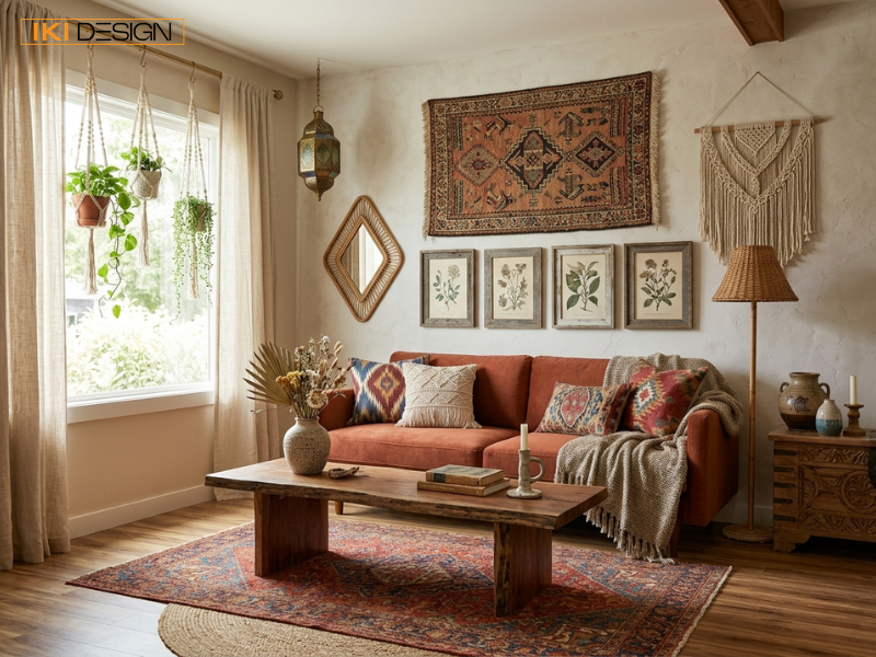Phòng khách Classic Boho ấm cúng với sofa nhung xanh, thảm họa tiết và macramé treo tường của IKI DESIGN
