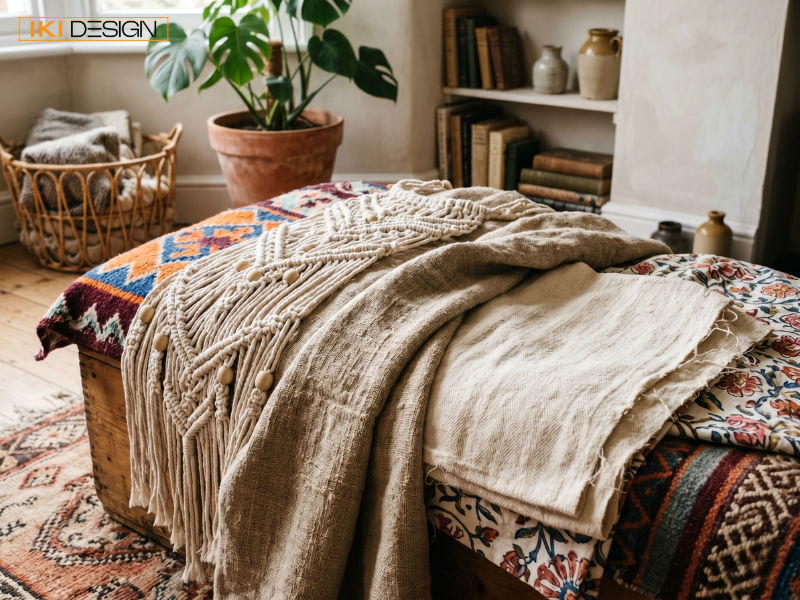 Vải tự nhiên và thổ cẩm tạo chiều sâu, mang lại vẻ thô mộc cho không gian nội thất Bohemian