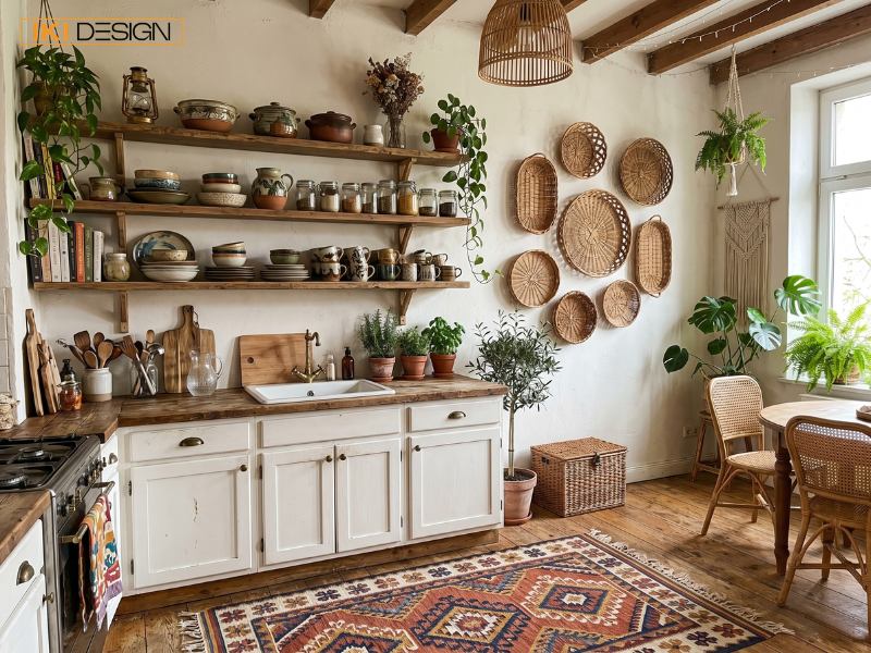 Phòng khách Classic Boho ấm cúng do IKI DESIGN thiết kế, nổi bật với sofa nhung lục, thảm họa tiết và cây xanh nhiệt đới rực rỡ