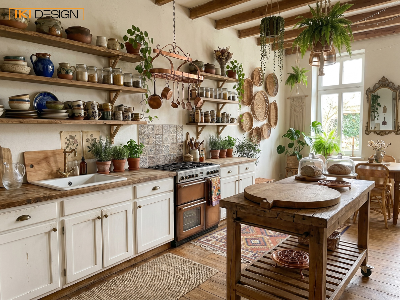 Căn bếp Bohemian mộc mạc với kệ gỗ, đồ gốm và cây xanh, mang lại không gian nấu nướng ấm cúng từ IKI DESIGN