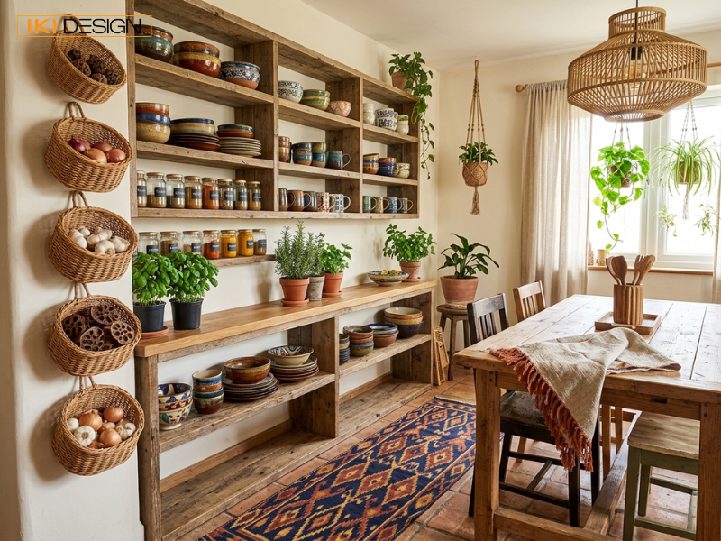 Khu bếp Bohemian mộc mạc với kệ gỗ và giỏ mây treo tường tạo nên không gian ấm cúng