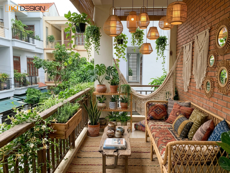 Chiếc đèn lồng mây thủ công với tua rua dài, mang lại vẻ đẹp tự nhiên và phóng khoáng cho ban công Boho