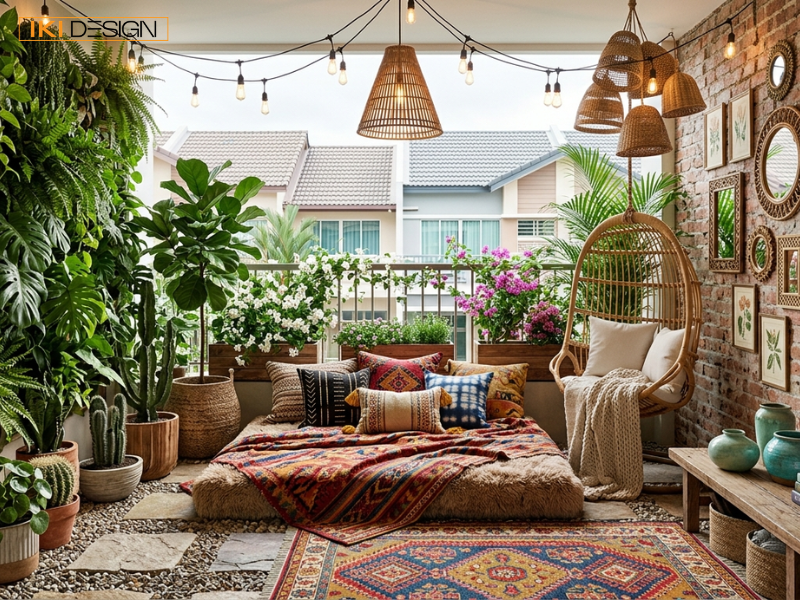 Chiếc đèn lồng mây tre thủ công với tua rua phong cách Bohemian, mang lại vẻ đẹp tự do, mộc mạc cho ban công