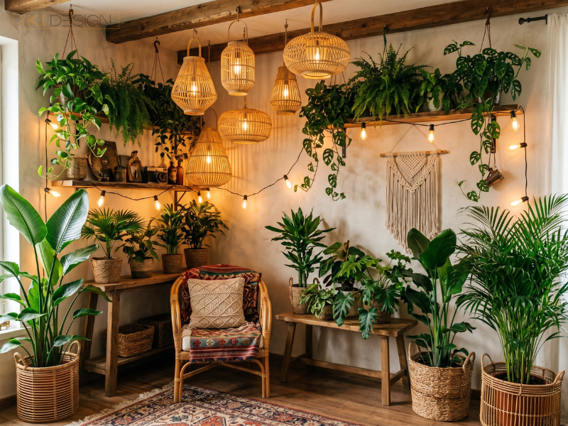 Ánh sáng ấm kết hợp cây xanh tạo nên không gian Bohemian gần gũi, thư giãn và đầy sức sống