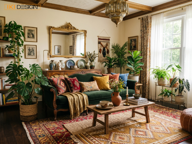 Bohemian truyền thống kết hợp màu đậm và layering, mang đến không gian nghệ thuật tự do và phóng khoáng