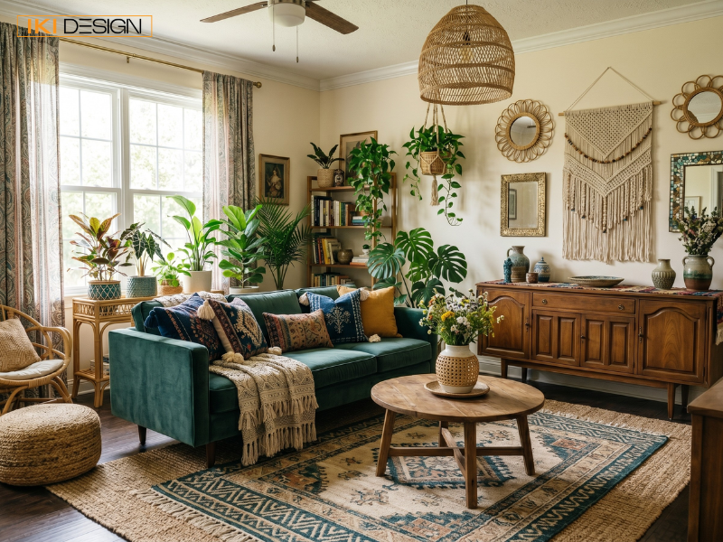 Phòng khách Bohemian của IKI Design kết hợp sofa nhung và cây xanh, tạo nên vẻ đẹp tự do, đầy phóng khoáng