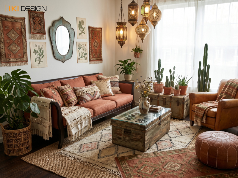 Phòng khách Bohemian với đèn lồng Moroccan, sofa cam đất và cây xương rồng, mang lại vẻ đẹp du mục đầy lôi cuốn