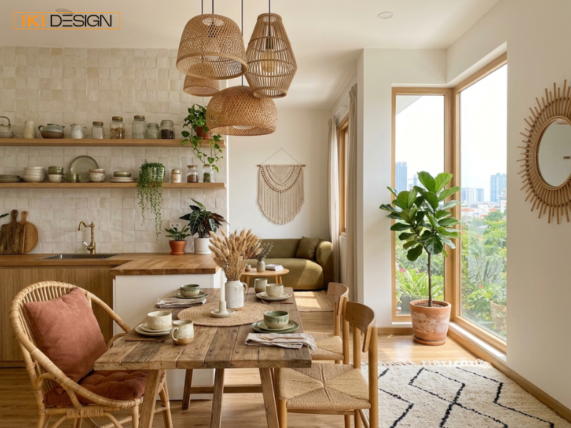 Không gian Modern Boho của IKI Design kết hợp mây tre và cây xanh, tạo nên góc ăn uống ấm cúng, thoáng đãng