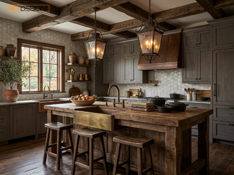 Căn bếp Farmhouse mộc mạc với đảo gỗ nguyên khối, bồn rửa đồng và ánh sáng vàng ấm từ IKI DESIGN