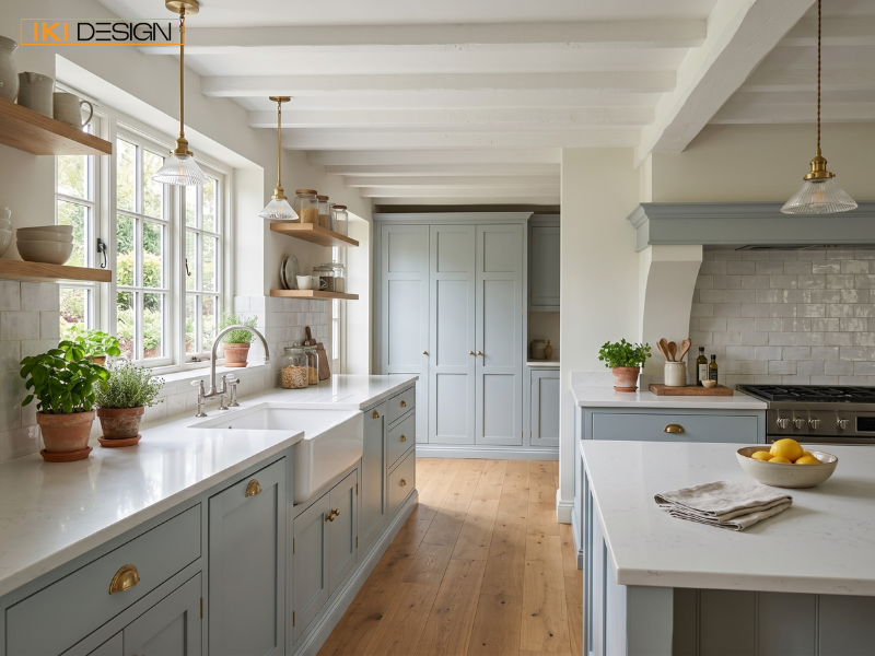 Căn bếp Farmhouse của IKI DESIGN tinh tế với hệ tủ xanh pastel, mặt đá trắng và dầm trần lộ thiên