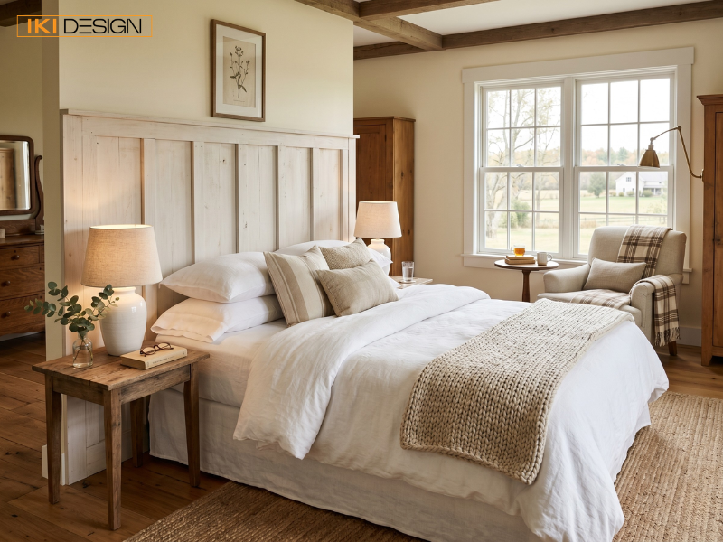 IKI Design kiến tạo phòng ngủ Modern Farmhouse với trần cao dầm gỗ, nội thất tự nhiên và không gian ấm cúng