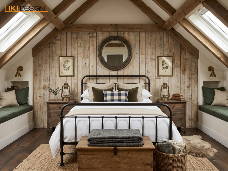 IKI DESIGN mang đến không gian phòng ngủ Farmhouse thư thái với trần dầm gỗ mộc, nội thất gỗ tự nhiên và ánh sáng ngập tràn