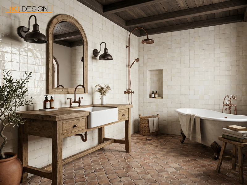 Phòng tắm Farmhouse mộc mạc của IKI DESIGN nổi bật với bồn tắm cổ điển, vanity gỗ thô và gạch đất nung truyền thống