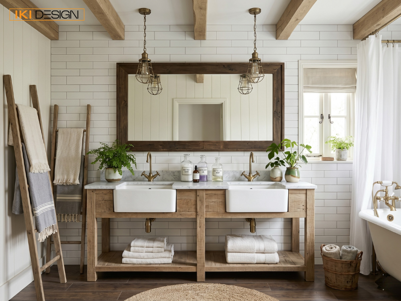 Phòng tắm Farmhouse của IKI DESIGN nổi bật với bồn rửa đôi, dầm gỗ lộ thiên và không gian thư thái, mộc mạc