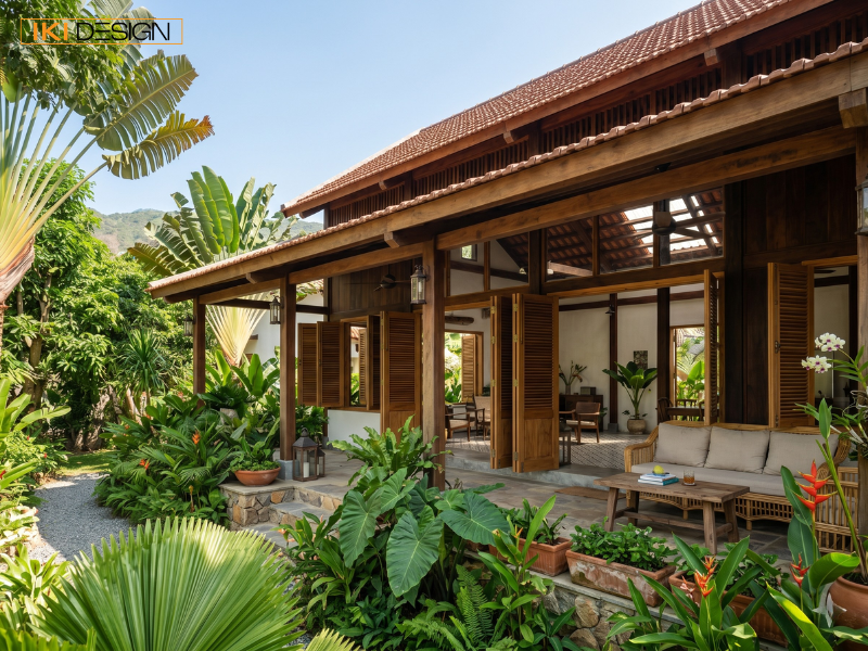 Hiên nhà gỗ Farmhouse mộc mạc kết hợp vườn nhiệt đới xanh mát, tạo nên không gian thư giãn lý tưởng từ IKI DESIGN