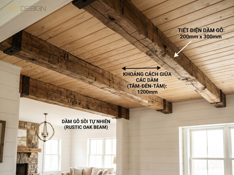 Gỗ tự nhiên và dầm gỗ lộ thiên mang đến vẻ đẹp thô mộc, vững chãi đặc trưng cho phong cách Farmhouse