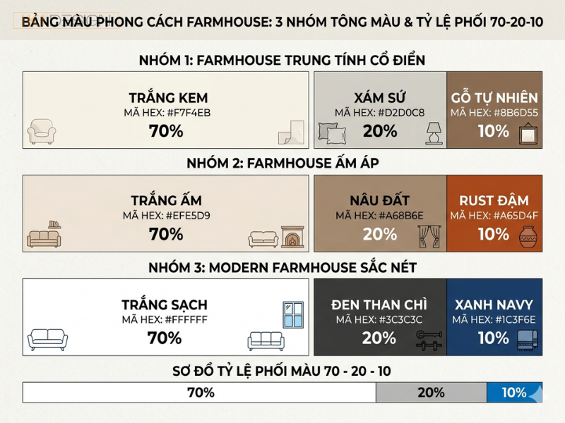 Bảng màu trung tính với sắc trắng ngà và tông đất tạo nên không gian Farmhouse ấm áp, mộc mạc và tinh tế
