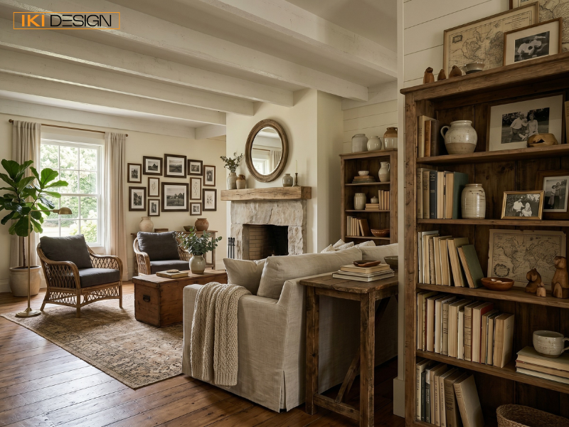 Căn bếp Farmhouse ấm cúng với dầm gỗ lộ thiên, bàn ăn mộc lớn và tủ bếp trắng do IKI DESIGN kiến tạo