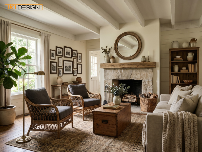 Kệ console gỗ kiểu Farmhouse với đèn gốm, hoa cẩm tú cầu trắng, gương mây và giỏ cói đan mộc mạc bên dưới