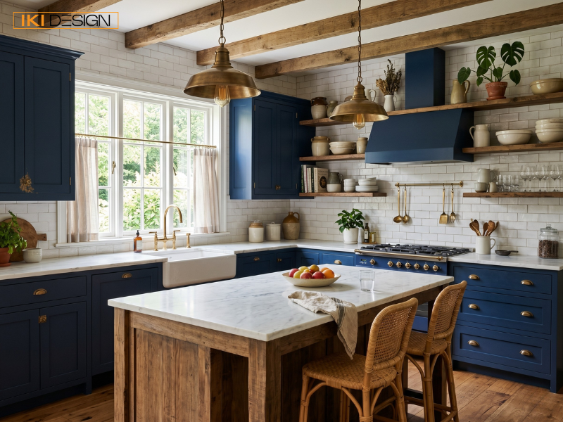Phòng khách Farmhouse ấm cúng với lò sưởi đá, dầm gỗ lộ thiên và không gian mộc mạc của IKI Design