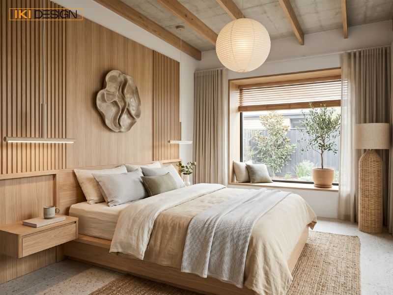 Phòng ngủ Hàn Quốc tinh tế với vách gỗ, đèn lồng tròn và cửa sổ lớn hướng ra sân vườn xanh mát