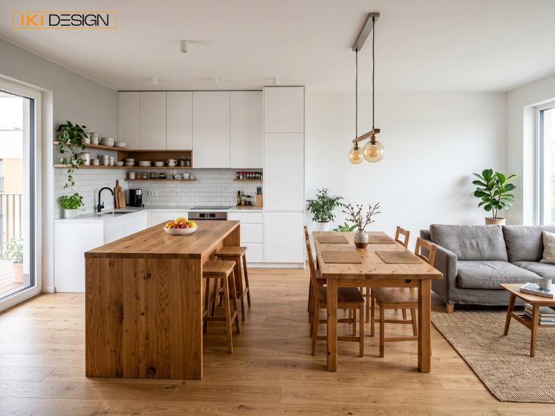 Phòng khách bếp Hàn Quốc hiện lên thoáng đãng với nội thất gỗ, bếp trắng và sofa xám ngập nắng