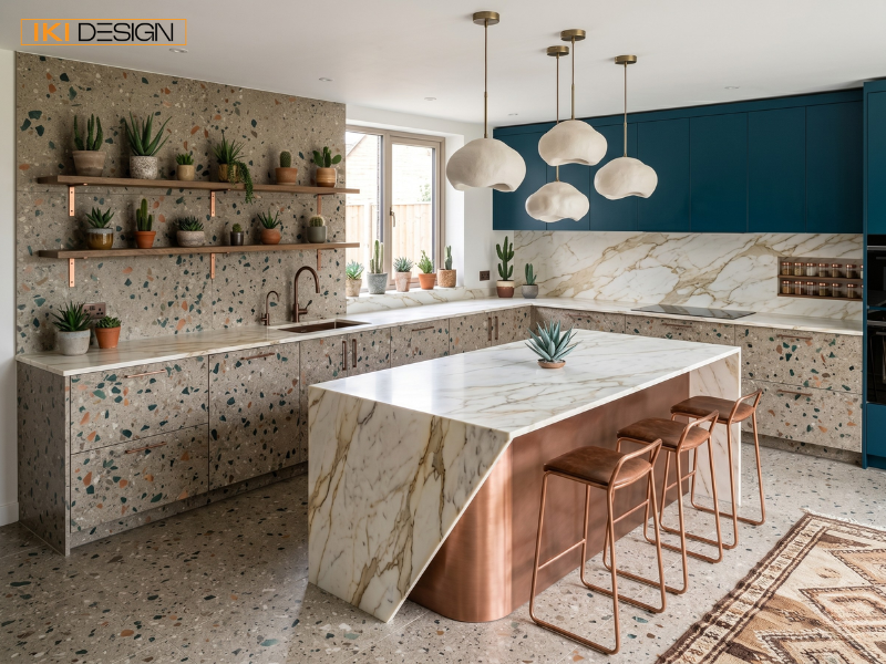 Căn bếp hiện đại ngập nắng, nhìn ra sân vườn xanh tươi qua cửa sổ lớn