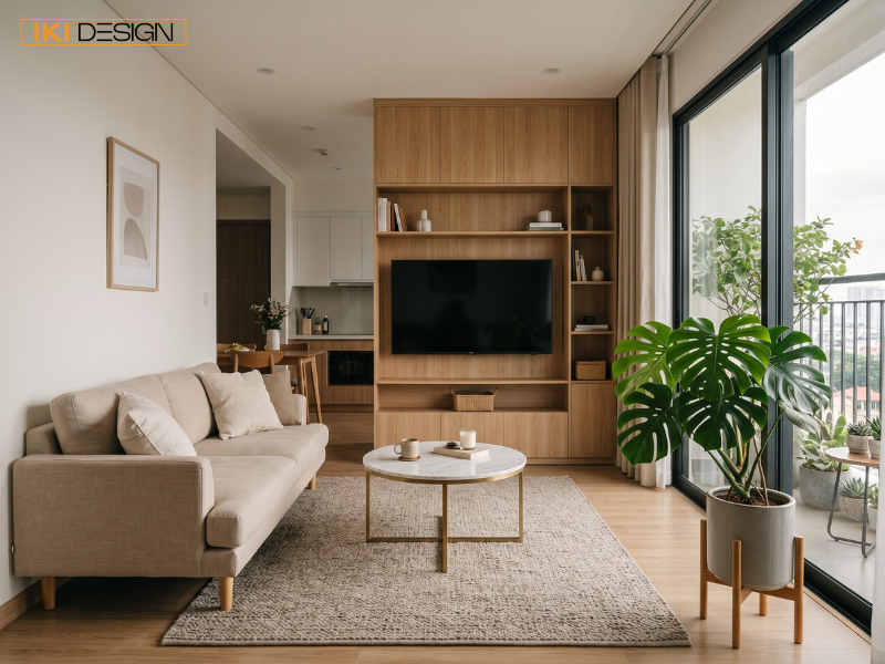 Phòng khách hiện đại có sofa kem, bàn trà đá, kệ tivi gỗ lớn và chậu Monstera lớn bên ban công ngập nắng