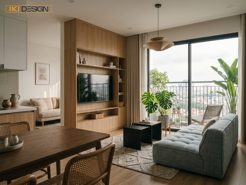 Phòng khách Hàn Quốc sở hữu nội thất gỗ sáng, sofa xám cùng mảng xanh thoáng đãng bên ban công ngập nắng