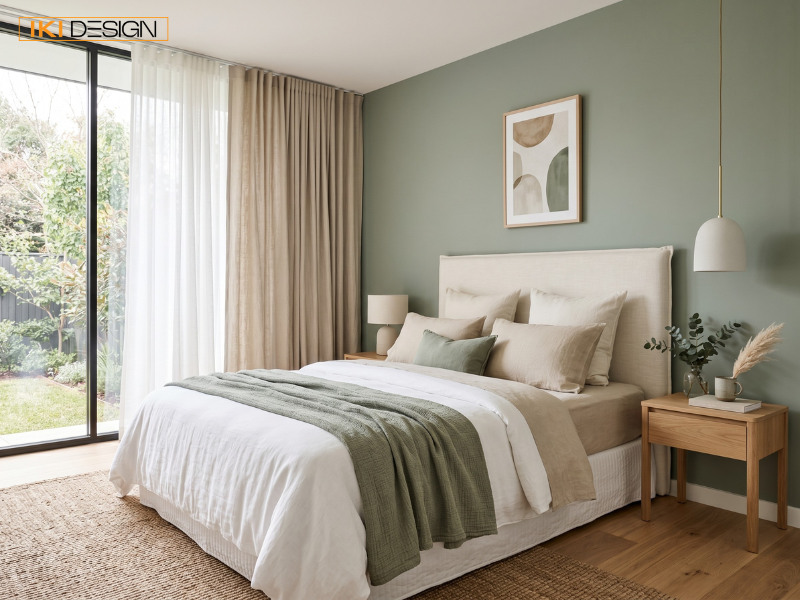 Phòng khách hiện đại có sofa kem, bàn trà đá, kệ tivi gỗ lớn và chậu Monstera lớn bên ban công ngập nắng