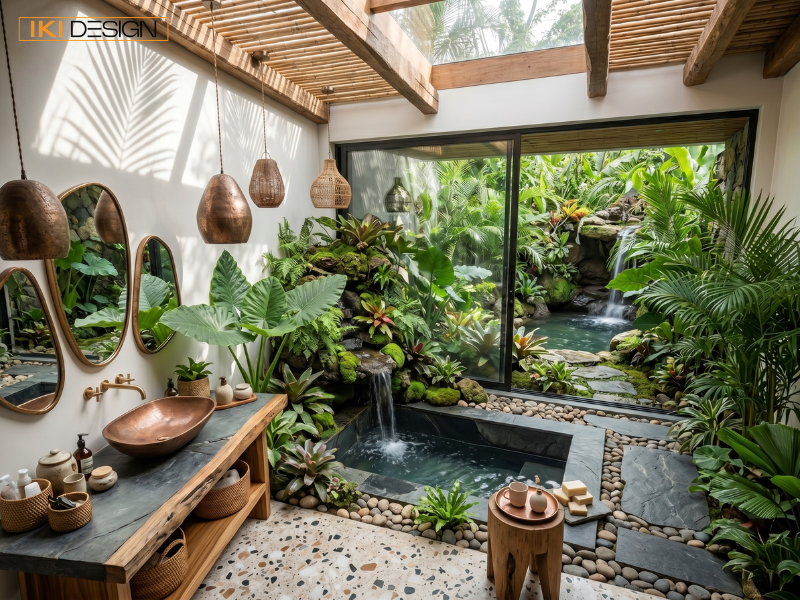 Phòng tắm Tropical ấn tượng với bồn rửa đồng độc đáo, thác nước và khu vườn nhiệt đới xanh tươi, mang đến sự thư giãn tuyệt vời Phòng tắm Tropical ấn tượng với bồn rửa đồng độc đáo, thác nước và khu vườn nhiệt đới xanh tươi, mang đến sự thư giãn tuyệt vời