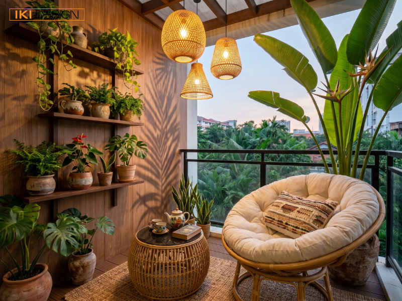 Góc ban công Tropical của IKI DESIGN kết hợp ghế mây và cây xanh, tạo không gian thư giãn bình yên Góc ban công Tropical của IKI DESIGN kết hợp ghế mây và cây xanh, tạo không gian thư giãn bình yên
