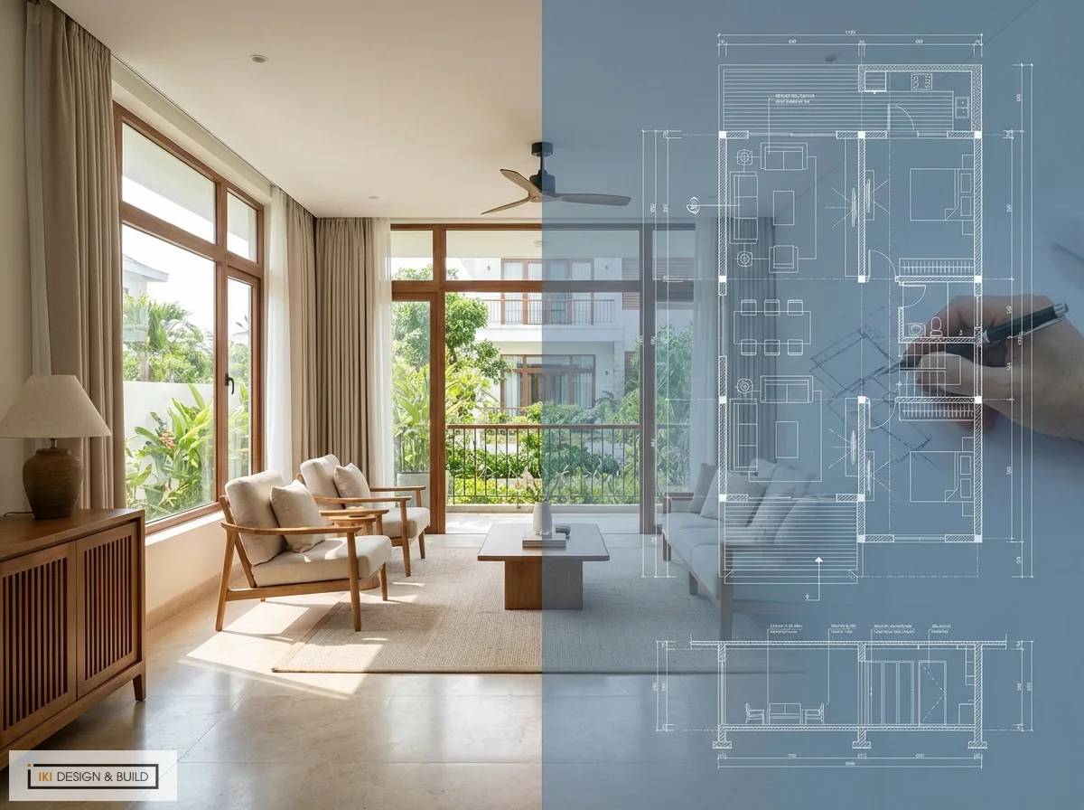 Phòng khách hiện đại ánh sáng tự nhiên, cùng bản vẽ thiết kế kỹ thuật tối ưu công năng cho không gian sống