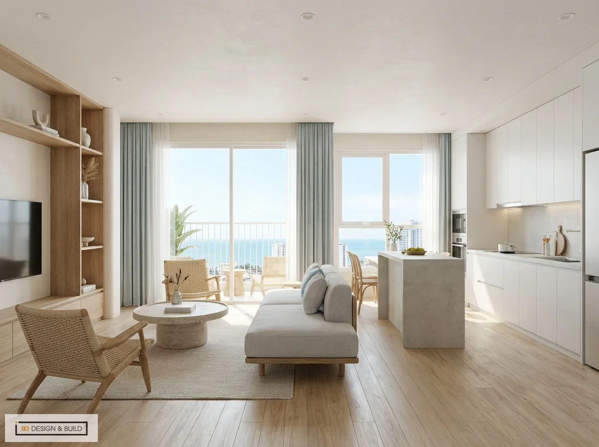 Thiết kế nội thất căn hộ phong cách hiện đại ven biển, không gian mở với sofa, bàn đá, bếp trắng, sàn gỗ và view biển Thiết kế nội thất căn hộ phong cách hiện đại ven biển, không gian mở với sofa, bàn đá, bếp trắng, sàn gỗ và view biển