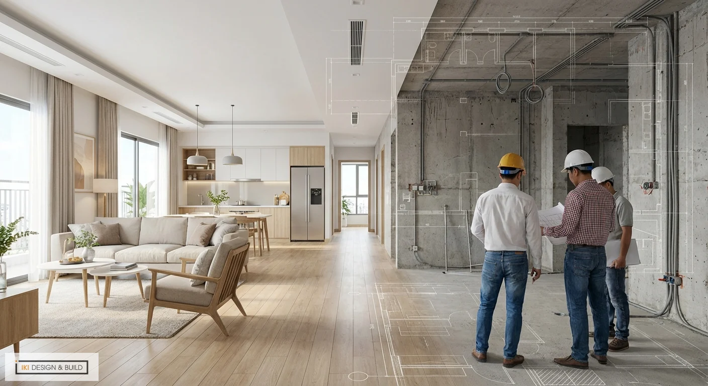 Không gian căn hộ hiện đại đã hoàn thiện và công trường thi công thô với lớp blueprint overlay, thể hiện quy trình thiết kế và thi công nội thất trọn gói Không gian căn hộ hiện đại đã hoàn thiện và công trường thi công thô với lớp blueprint overlay, thể hiện quy trình thiết kế và thi công nội thất trọn gói