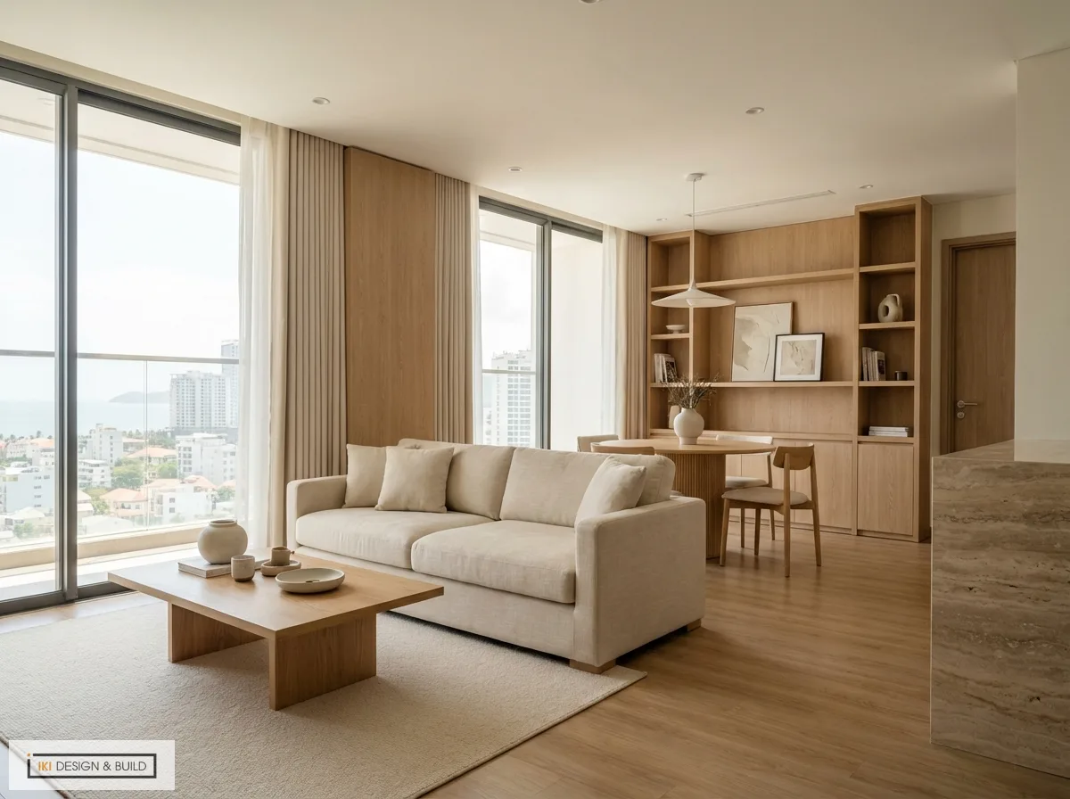 Không gian phòng khách và khu vực ăn uống được thiết kế nội thất căn hộ, với sofa be, bàn gỗ, kệ sách tích hợp và cửa sổ lớn nhìn ra biển Không gian phòng khách và khu vực ăn uống được thiết kế nội thất căn hộ, với sofa be, bàn gỗ, kệ sách tích hợp và cửa sổ lớn nhìn ra biển