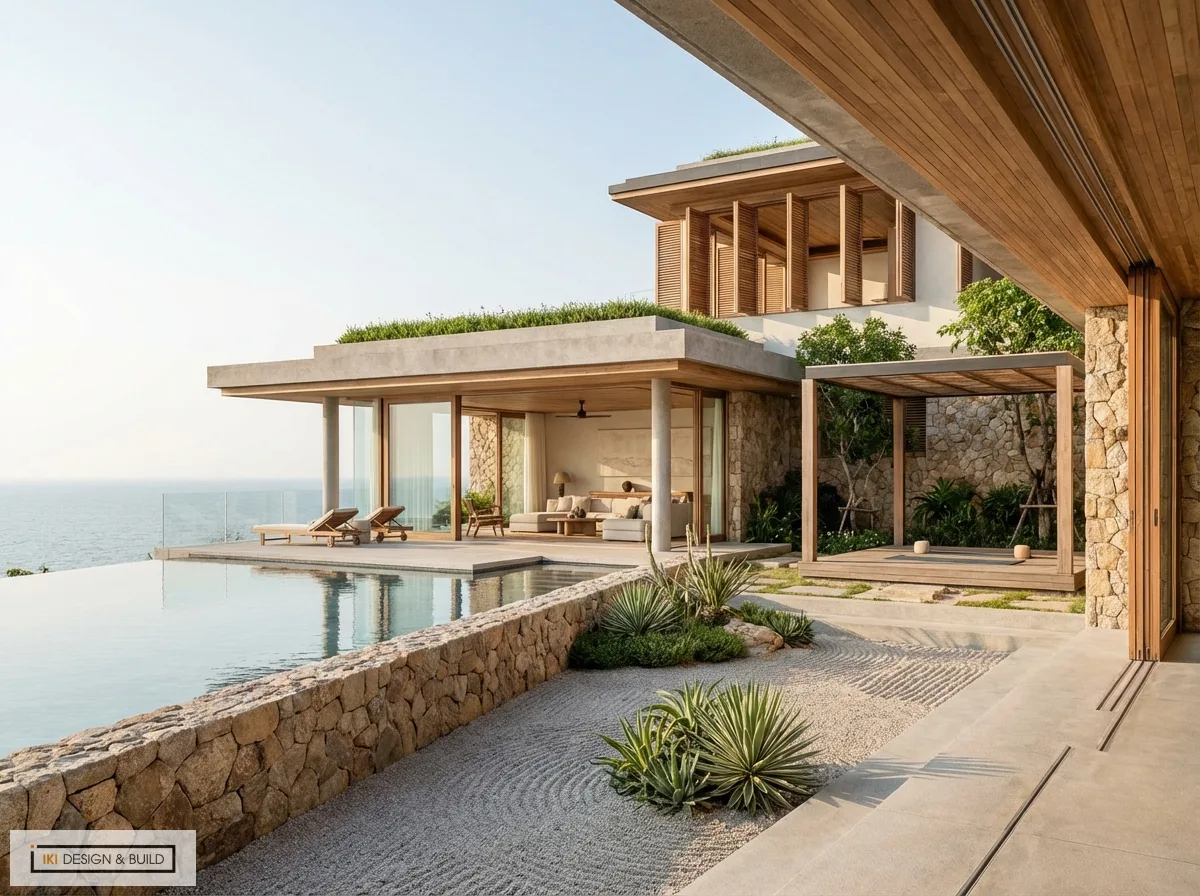 Mặt tiền villa hiện đại với không gian mở, hồ bơi vô cực, sân vườn thiền và vật liệu gỗ đá tự nhiên ven biển Mặt tiền villa hiện đại với không gian mở, hồ bơi vô cực, sân vườn thiền và vật liệu gỗ đá tự nhiên ven biển