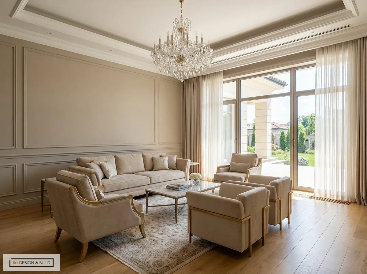 Thiết kế nội thất phòng khách villa tân cổ điển sang trọng với sofa, ghế bành, đèn chùm và tường ốp phào chỉ Thiết kế nội thất phòng khách villa tân cổ điển sang trọng với sofa, ghế bành, đèn chùm và tường ốp phào chỉ