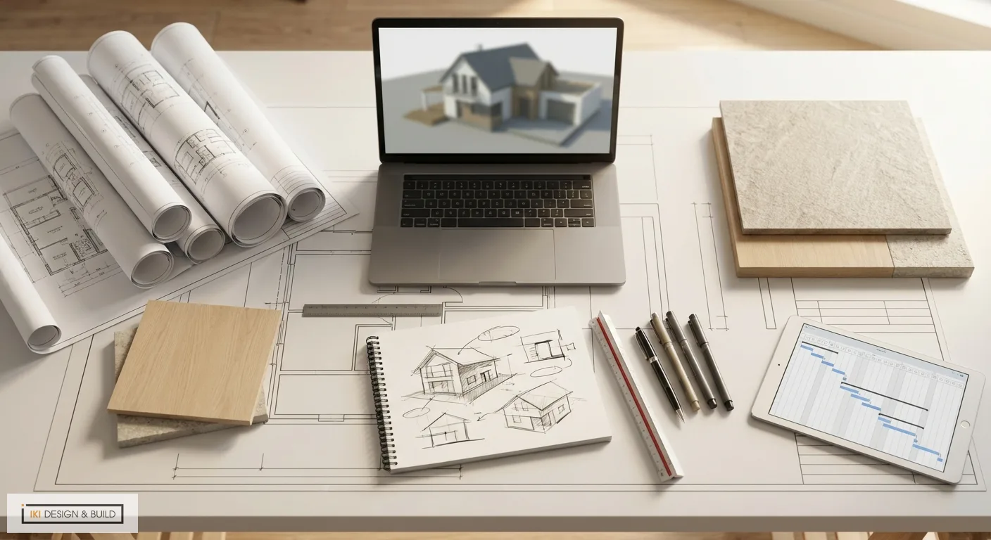 Bàn làm việc kiến trúc sư với bản vẽ kỹ thuật, mô hình nhà 3D, phác thảo và vật liệu mẫu thể hiện quy trình thiết kế nhà