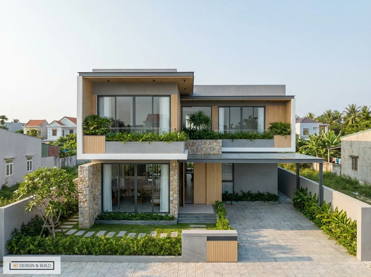 Mặt tiền biệt thự vườn hiện đại 2 tầng với các cửa kính lớn, vật liệu gỗ, đá ốp và nhiều mảng xanh trên ban công