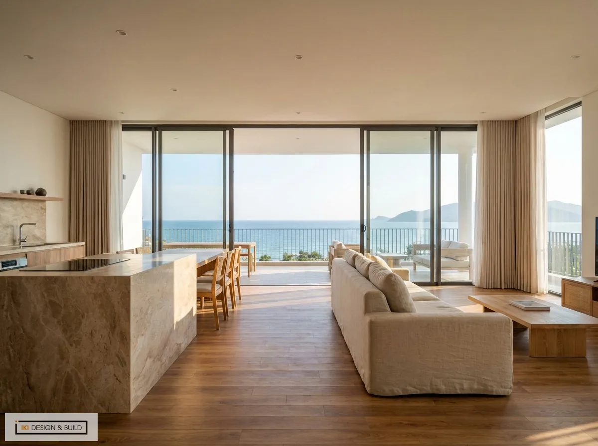 Không gian phòng khách và bếp mở nhìn ra biển, với sofa be, đảo bếp đá, sàn gỗ cùng ánh sáng tự nhiên, thể hiện thiết kế nội thất