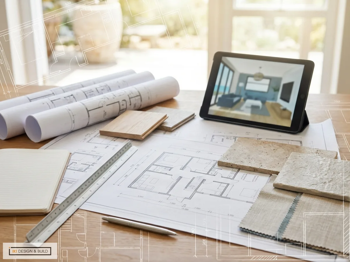 Bàn làm việc kiến trúc sư với bản vẽ quy trình thiết kế nội thất, mẫu vật liệu, tablet hiển thị phối cảnh 3D và lớp blueprint