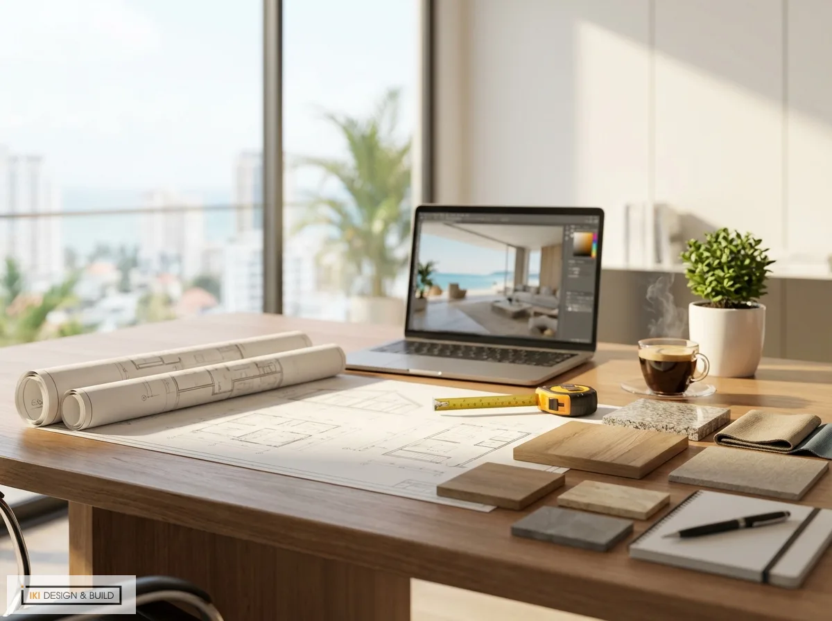 Bàn làm việc kiến trúc sư với bản vẽ, laptop hiển thị phối cảnh 3D nội thất, mẫu vật liệu, thước dây và sổ tay, thể hiện quy trình làm việc