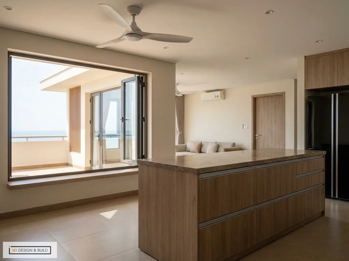 Thiết kế nội thất hiện đại với đảo bếp gỗ, mặt đá, cửa kính lớn nhìn ra biển, đảm bảo thông gió tự nhiên và ánh sáng