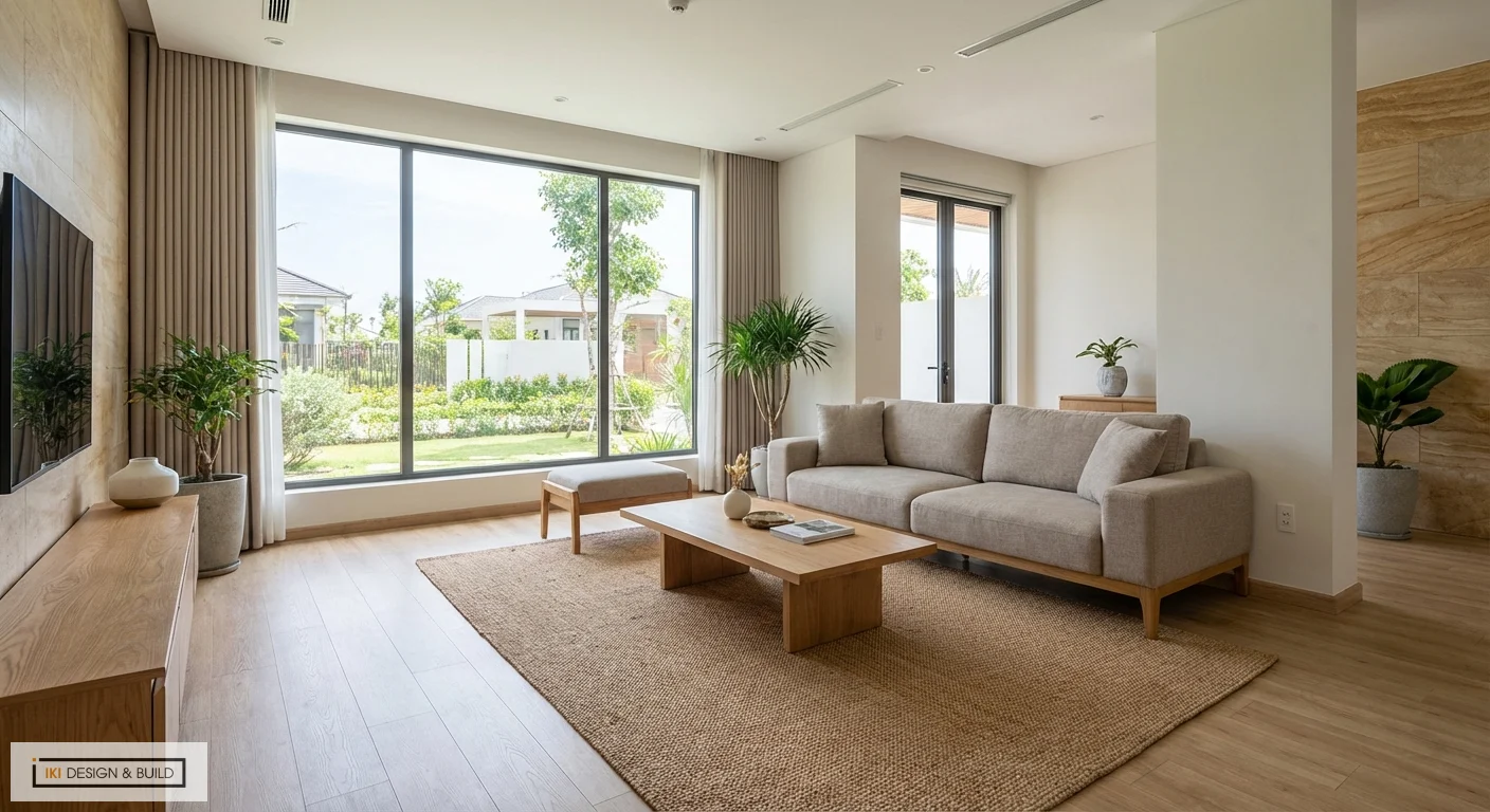 Không gian phòng khách thiết kế nội thất hiện đại với sofa màu be, bàn trà gỗ, thảm cói và cửa sổ lớn đón ánh sáng, nhìn ra vườn cây