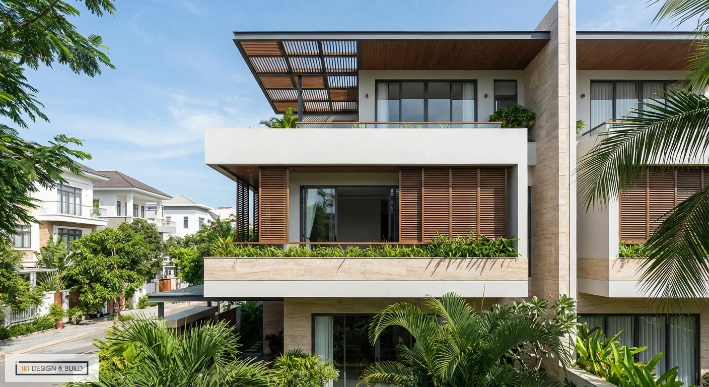 Mặt tiền nhà ở riêng lẻ thiết kế kiến trúc hiện đại với các khối trắng, lam gỗ, ban công kính và cây xanh tươi mát