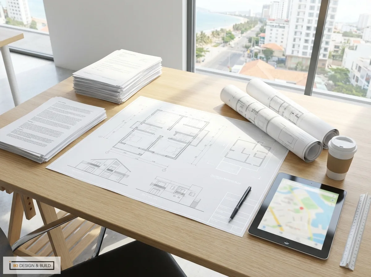 Bàn làm việc kiến trúc sư với bản vẽ kiến trúc, các tập hồ sơ kỹ thuật thi công, máy tính bảng trên bàn gỗ sáng