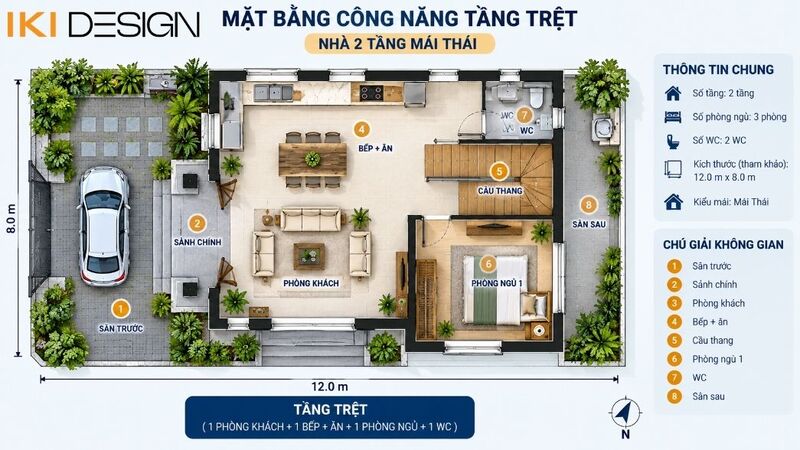Bản vẽ mặt bằng công năng tầng trệt nhà 2 tầng mái Thái Bản vẽ mặt bằng công năng tầng trệt nhà 2 tầng mái Thái